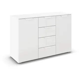 Rauch Möbel Aditio, Kommode für Schlafzimmer, Wohnzimmer, Kinderzimmer, Flur, 2-türig, Glasfront, 4 Schubladen, Soft-Close-Funktion, Sideboard im modernen Look, Farbe Front Glas Weiß, Breite 120 cm