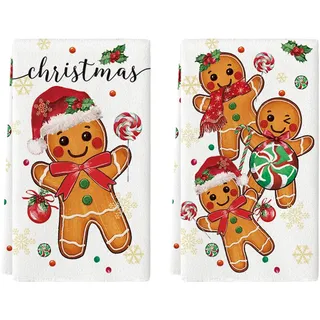 Calkkrer 2 Stück Weihnachts Küchenhandtücher, Geschirrtücher mit Lebkuchen Motiven, Weiche Baumwoll-Weihnachtshandtücher für Weihnachtsdeko Innen 40x60cm