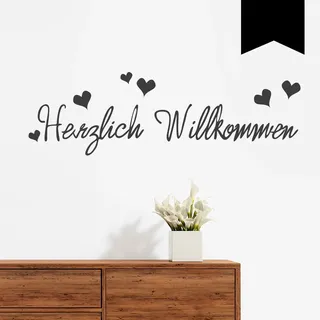 WANDKINGS Wandtattoo - Herzlich Willkommen (mit 6 Herzen) - 190 x 57 cm - Schwarz - Wähle aus 5 Größen & 35 Farben