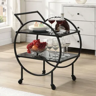 FineBuy Servierwagen mit Rollen & Bremse 2 offenen Ebenen mit schwarzem Glas Barwagen Teewagen Rollwagen Multifunktional Küchenwagen für Esszimmer - Schwarz