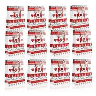 Bambelaa! 12 Stück Geschenktüten Weihnachten Geschenktaschen Klein Papiertüten Weihnachtstüten 128 g Papier Hirsch Rot Weiß Matt (Ca. 18x8x23 cm)