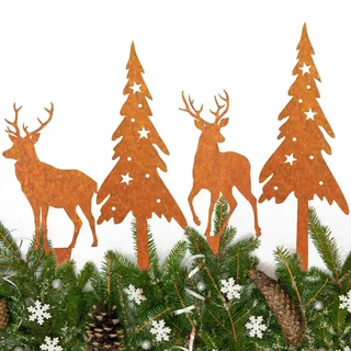 Mecctuck 4 Stück Rost Deko Weihnachten, Gartenstecker, Roststecker, Weihnachtsdeko Aussen, Rost Metall Wetterfest, Weihnachtsbaum Rentier Deko für Advent Weihnachten Garten Terrasse Balkon