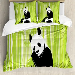 ABAKUHAUS Panda Bettbezug, Panda im Bambuswald, Milbensicher Allergiker geeignet mit Kissenbezügen, 155 cm x 220 cm - 80 x 80 cm, Lime Schwarz Weiß - Weiß