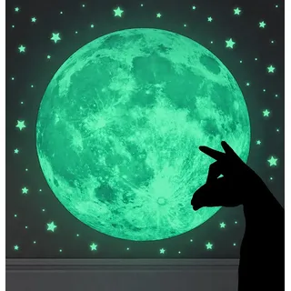 WandSticker4U®- Wandtattoo Leuchtmond 30x30 cm + 134 Leuchtsterne, Leuchtpunkte I Mond Aufkleber fluoreszierend Leuchtsticker selbstklebend I Wand Deko Kinderzimmer Sternenhimmel leuchtend