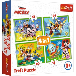 Tréfl - Mickey, Entre Amis - Puzzles 4en1, 4 Puzzles, 12 à 24 Éléments - Puzzles avec Personnages Disney, Mickey Mouse et ses Amis, Différents Degrés de Difficulté, pour Enfants à partir de 3 ans