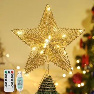 Lewondr Weihnachtsbaum Stern Spitze, 25,4cm Spitze Weihnachtsbaum Stern Batteriebetrieb Beleuchtung Weihnachtsdeko Tannenbaum Spitze Stern für Weihnachtsbaumspitze Hause Kaufhaus Innen, Gold