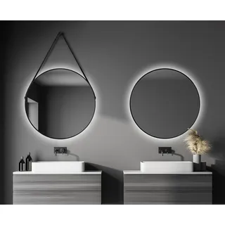 Wandspiegel rund Talos Black Light Matt Ø 80 cm - Badspiegel mit indirekter Beleuchtung - Aufhängegurt in Lederoptik - Lichtspiegel mit Lichtfarbe neutralweiß - hochwertiger matt schwarzer Aluminiumrahmen - Badezimmerspiegel - Schwarz