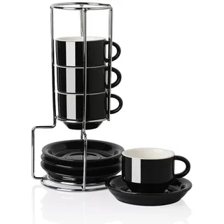 Sweejar Home Porzellan Espressotassen mit Untertassen, 70 ml stapelbare Cappuccinotassen mit Metallständer für Kaffeegetränke, Latte, Tee - 4er Set (Schwarz)