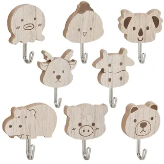 Ziyonix 8 Stück Kleiderhaken Kinder, Tier-Wandhaken Aus Holz Selbstklebend, Kindergarderobe Haken Für Kinderzimmer, Schlafzimmer, Dekor, Küche (Tierformen)