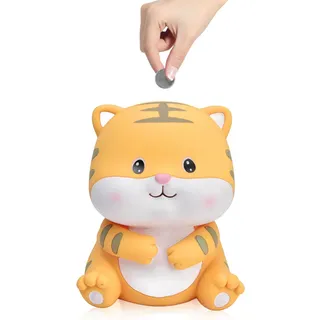 Tier Spardose Karikatur Lächeln Tier Handbemalt Handwerk Sparschwein Ornamente Kunststoff Sturzfest Sparbüchse Geschenke Niedliche Sparkasse in Tigerform, 14x12 cm (#1)