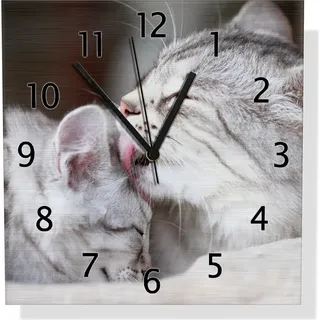 Wallario Design Wanduhr Süße kleine getigerte Katzenbabys aus Aluverbund, Größe 30 x 30 cm - Braun