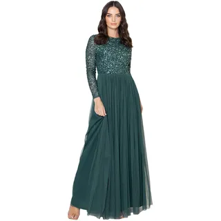 Maya Deluxe Damen Women's for Wedding Guest Plus Size Large Rich High Waist Sequins Long Sleeve Prom Evening Bridesmaid Dress, Emerald, 38 EU