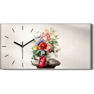 Leinwand Wanduhr Wandkunst Uhr 60x30 Gemälde Vase Blumen Pflanzen Kunst - schwarze Hände - Weiß
