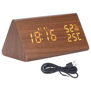 LED-Digitalwecker, Mehrzweck-Holzwecker mit Sprachsteuerung, Luftfeuchtigkeit, Temperatur, Wochenzeitanzeige, braunes Holz - Braun