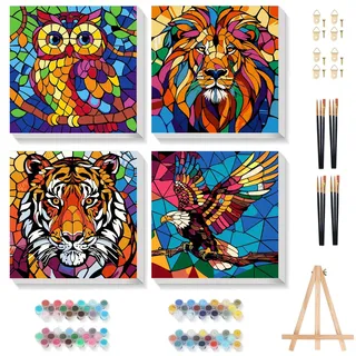 YarnWhimsy Malen nach Zahlen 4 Stück, Malen nach Zahlen Wildtiere mit Rahmen, Eule, Adler, Tiger, Löwe, Ideal für die Wanddekoration zu Hause, Geschenk, 20x20cm