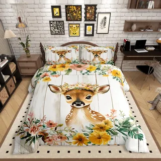 Homewish REH Bettwäsche 135x200 Kinder, Wald Cartoon Tier Hirsch Bettbezug Niedlich für Mädchen Jungen, Braunbeige Ästhetische Bett Set, mit 1 Kissenbezug Holzbrett Dekor, Weiche Mikrofaser