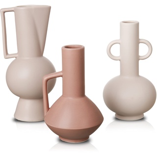 TERESA'S COLLECTIONS Moderne Morandi Vase Deko für Valentinsgeschenke, 3er Beige Rosa Vasen Set mit Griff, Dekorative Matte Blumenvase für Wohnzimmer, Schlafzimmer, Büro, Kaminsims, 23/20/17,4 cm Hoch