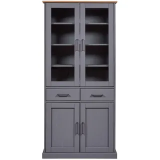 Inter Link – Vitrinenschrank – Buffet-Schrank - Geschirrschrank - Esszimmerschrank - Massivholz FSC – 4 Türen – 2 Schubladen – 3 Fachböden - Forenzo 4T2S – grau/Oak Colori