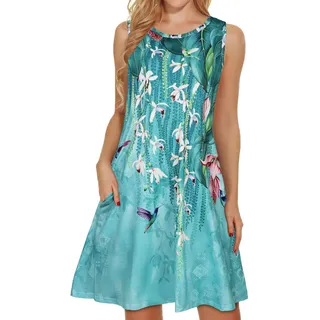 elescat Damen Sleeveless Beach Sundress Boho | Zwei versteckte Taschen, kurzärmeliges Boho-Kleid, U-Ausschnitt, Blumenkleid, fließende A-Linie, Hawaii-Urlaub