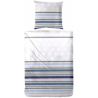 Hahn Renforce Bettwäsche Grau Blau Gestreift Sterne, 155x220 cm + 80x80 cm - Grau