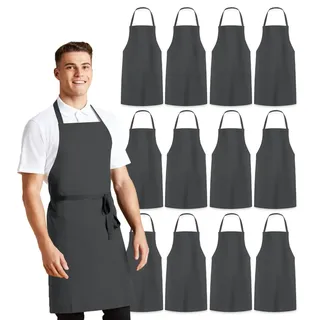 Avalon Kitchen Schürze Unisex Latzschürzen – 100% Polyester Kochschürze mit extra langen Bändern – Kochschürze für Männer und Frauen, Grau (12er-Pack), Größe L