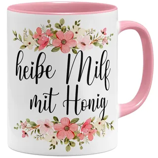 OM3® heiße Milf mit Honig Kaffee-Tasse mit Spruch - Lustige Mama Keramiktasse für werdende Mütter - Freundin Ehefrau - Blumig - Keramik Becher - 325ml - Beidseitig Bedruckt - Rosa