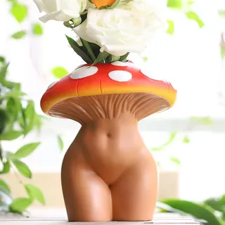 gugugo Pilzdamen-Körpervase für Blume, flippige Pilz-Dekoration, eklektische Damenform, Po-Vasen für Blumen, einzigartiges, niedliches Gesicht, Raumdekoration, ästhetisch für modernes Zuhause,