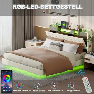 MODFU Polsterbett Funktionelles 160 x 200 cm mit USB-Ladeanschluss und Kopfteil mit Stauraum, Doppelbett Stauraumbett Schwebebett mit LED-Beleuchtung und Handytasche, Leinenstoff Beige(Ohne Matratze) - Beige