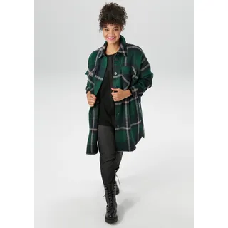 Langjacke ANISTON PLUS, Damen, Gr. 50, beige (check grün, blau, beige), Web, Obermaterial: 100% Polyester, kariert, lässig geschnitten knieumspielend, 1-Knopf-Manschette, Jacken Langjacke, im ausdrucksvollem Karo-Dessin