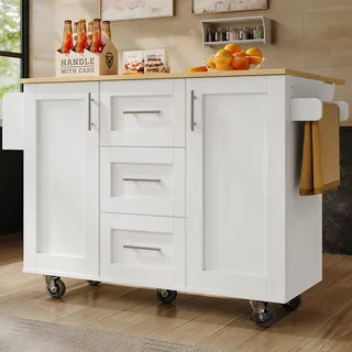 MODFU Kücheninsel,Multifunktionaler Küchenschrank Sideboard,Speisewagen mit abnehmbaren Rädernmit abnehmbare Trennwände, Buffetschrank, seitlicher Handtuchhalterweiß - Weiß