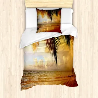 ABAKUHAUS Strand Bettbezug Set für Einzelbetten, Sonnenuntergang Karibik Palmen, Milbensicher Allergiker geeignet mit Kissenbezug, Gelbes orange Blau - Blau