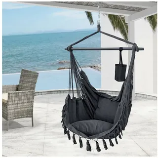 [en.casa] Hängesessel Aranga max. 120 kg Hängestuhl mit Getränkehalter und 2 Kissen Hängesitz indoor outdoor Hängeschaukel Stab aus Massivholz Dunkelgrau - Dunkelgrau