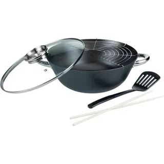 Wok, GSW Multifunktionswok, 32 cm, Stahlguss, 5-teilig, Für alle Herdarten inklusive Induktion, Mit Aroma-Deckel, Grill, Spatel und Essstäbchen - Bunt