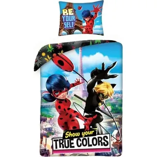 140x200 Baumwoll-Bettwäscheset Miraculous Ladybug und Cat Noir - Rot