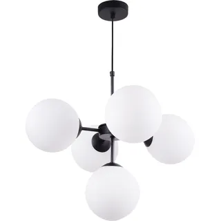 Schwarze Hängeleuchte mit Metallgestell, 5 kugelförmige Schirme aus Milchglas, 15 cm, schwarze Ausführung, E14.