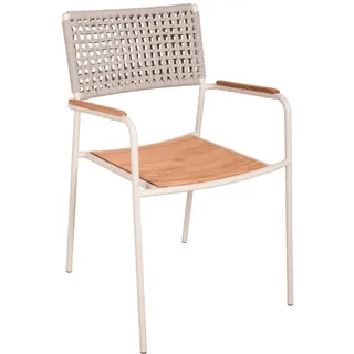 Gardenson Stapelstuhl , Braun, Weiß , Holz, Metall , Teakholz , Hartholz , rund , 57x84x55 cm , stapelbar, gastro- und objekttauglich, wetterfest, UV-beständig, inklusive Armlehnen, abwischbar, geeignet für Balkon , Holzmöbel, Sitzgelegenheiten Holz, Gartensessel Holz