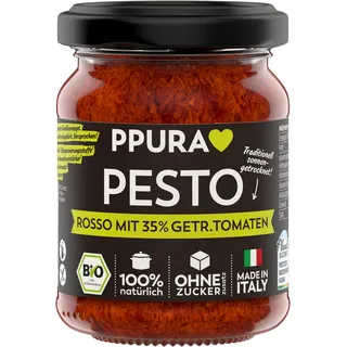 PPURA Bio Pesto Rosso mit 35% Sonnengetrockneten Tomaten | Rotes Pesto mit Parmigiano Reggiano & nat. Olivenöl Extra | Nudel-Soße Made in Italy | 100% Natürlich Ohne Zusatzstoffe | 120g Glas