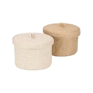 Sea Team 2er-Pack Jute- und Baumwoll-Leinen-Aufbewahrungskorb Niedliche runde Box für Toilettenartikel Spielzeug Sonstiges 5 Liter Schreibtisch-Gadget-Organizer mit Deckel (Medium A)