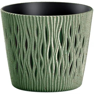 Prosperplast Blumentopf, grün, mit Tank, Sandy Round Eco Wood, 12,8 x 12,8 x 11,1 cm, Fassungsvermögen 0,9 l.