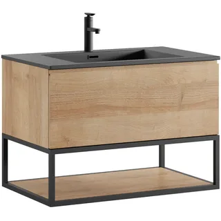 Badezimmer Badmöbel Set Firenze 80 cm – Eiche – Schrank mit Waschbecken