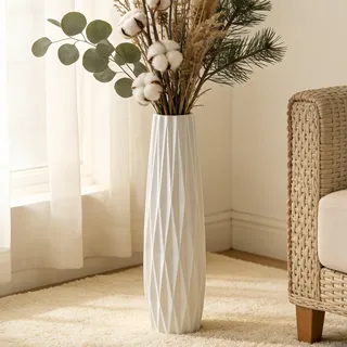 Weiße Bodenvasen, 61 cm hoch – Keramik-Blumenhalter, dekorative große Vasen für Tischmitten, Regale, Wohnraumdekoration, Wohnzimmer, Zweige, luftgetrocknete Blumenarrangements, schlicht und dekorativ