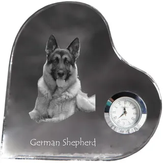 Deutscher Schäferhund - Kristalluhr mit einem Hundebild, Herzregal-Uhr, personalisierte Standuhr der Marke Art-Dog - Transparent