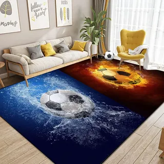 Dai Lufei FußBall Teppich Fußballstadion Eisfeuer Flammen Bedruckt Großflächige Teppich 3D Fussball Sport Fußballplatz Bodenmatte Jugendzimmer Fußballplatz Fußmatten, 100x150cm