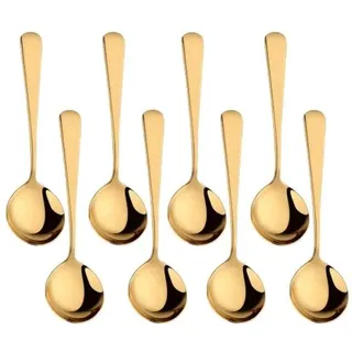 Unyqoos® 8-teiliges Set runder Suppenlöffel aus Edelstahl – spiegelpoliert mit irisierender Titan-Beschichtung, robust & spülmaschinenfest, ideal für Alltag & Camping - Gold