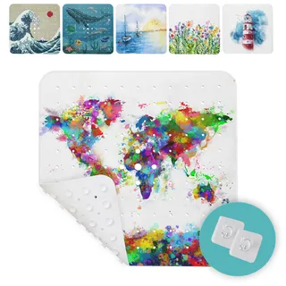 arteneur® - Duschmatte rutschfest 53x53 cm | Antirutschmatte Dusche | Inkl. Aufhängung | Schimmelresistent | Maschinenwaschbar | BPA frei | Rutschmatte Dusche Weltkarte