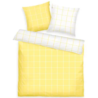 Tom Tailor Renforcé-Bettwäsche, 2*80x80 cm + 200x220 cm, 100% Baumwolle/ Renforcé, mit Wendemotiv und farbigem Markenreißverschluss, LARGE CHECK Gelb, Weiß (Light Lemon & Crisp White)