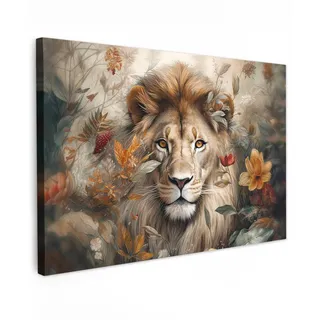 MuchoWow Leinwandbild Löwe - Wildtiere - Pflanzen - Natur - Blumen Wanddeko 90x60 cm , Textil , Rechteckig , 90x60 cm , FSC 100% , gerahmt , Bilder & Rahmen, Bilder, Leinwandbilder