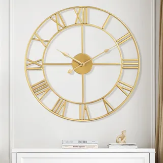 Maxstar Moderne römische Ziffern große Wanduhren,Nicht tickende Runde Metall stille Vintage Wanduhr für Wohnzimmer,Küche,Schlafzimmer,Garten Dekor-Gold 40cm