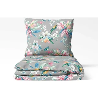 Bettwäsche - 155x200 cm - Bettbezug und Kissenbezügen Set - Blumen und Vögel - Mikrofaser Baumwolle - 2 Kissenbezüge 70x80 cm - Grau, Blau, Rosa