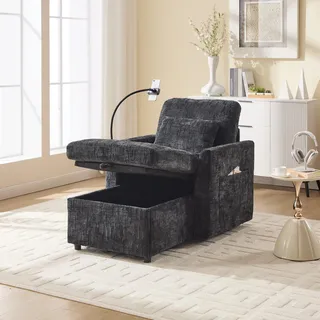 STILVORA Chaiselongue mit Handyständer und 2 Seitentasche,Einzelsofa mit 2 Nackenkissen und verstaubare Rückenlehne,Modernes Sofa aus Chenille,Schwarz - Schwarz